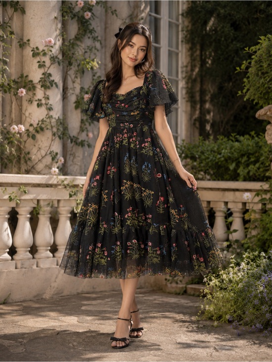 JessaKae Dresses & Skirts - JessaKae Sybil Black Floral Embroidered Flutter Sleeve Midi Dress XS